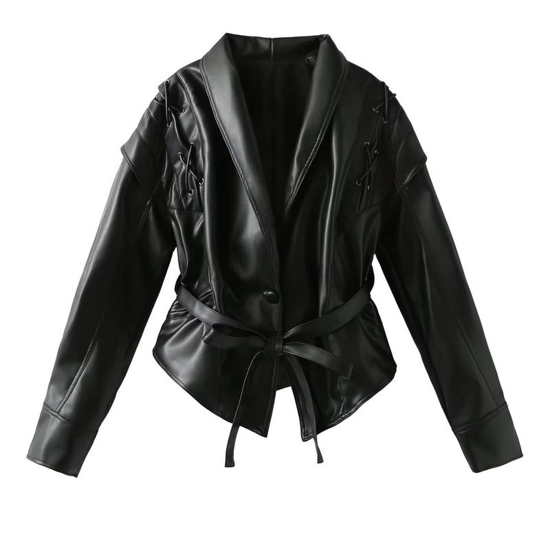 Women Vintage Faux Leather Lapel Long Sleeve Lace-Up Coat