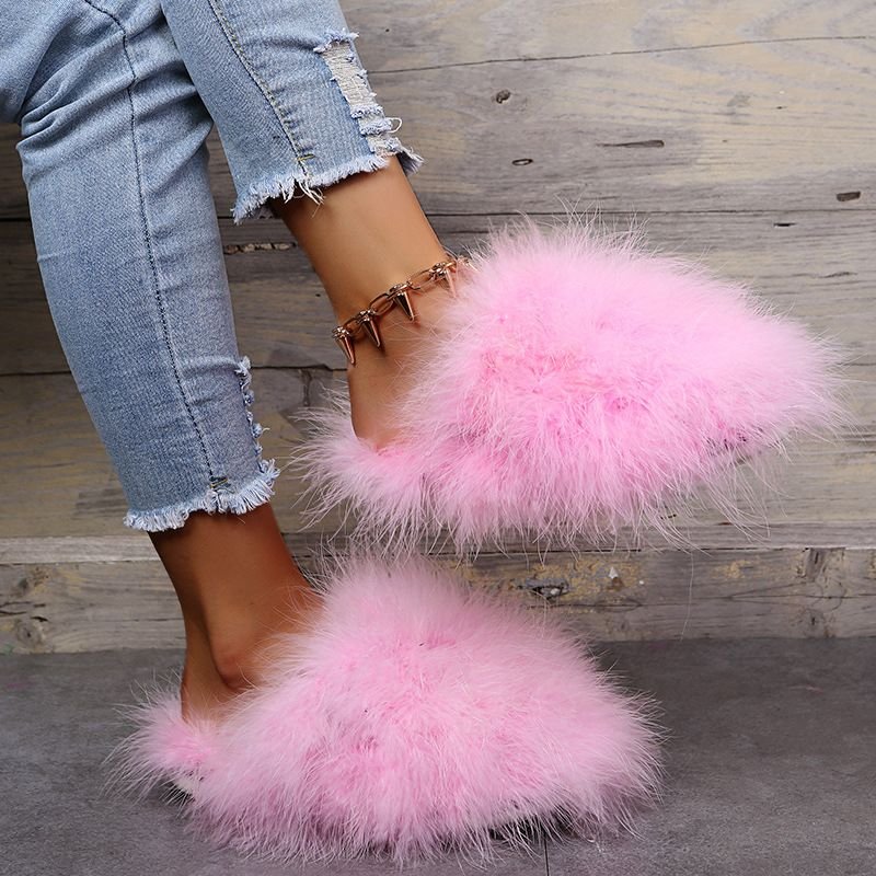 Autumn Winter Women Fashionable Solid Color Plush Flat Large Size Home Slippers