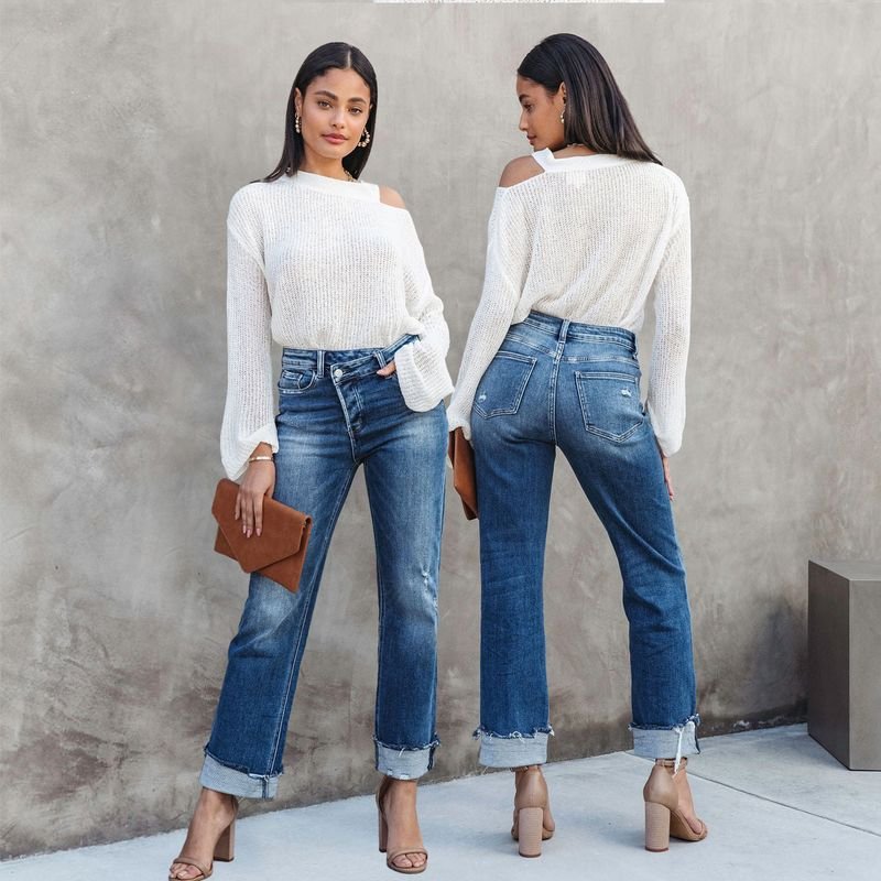 Spring And Summer Washed High Waist Fashion Casual Loose Women Jeans