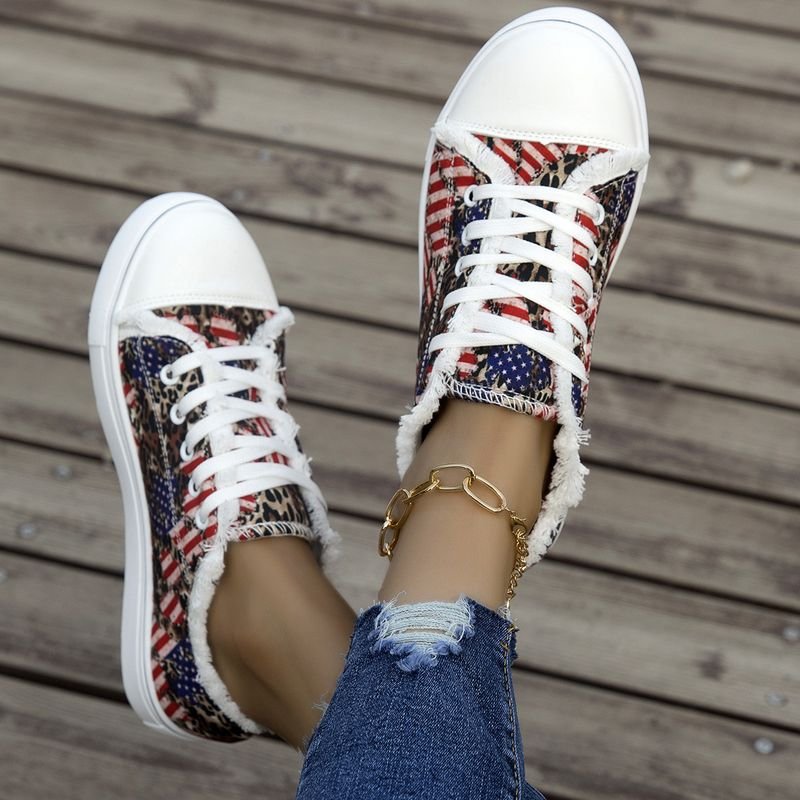 Summer Women Casual Plus Size Flag Star Stripe Print Round Toe Canvas Sneaker