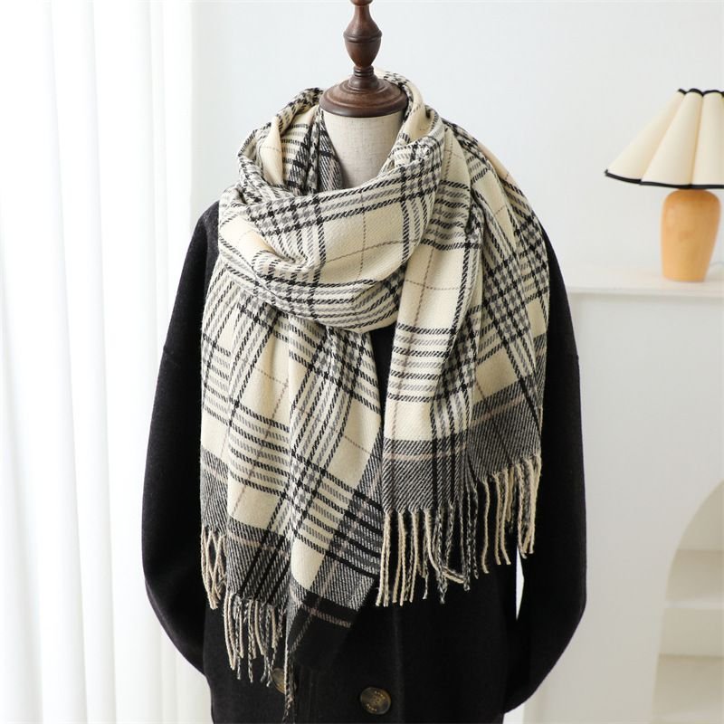 Autumn Winter Women Fashion Plaid Tassel Warm Thickened Scarf