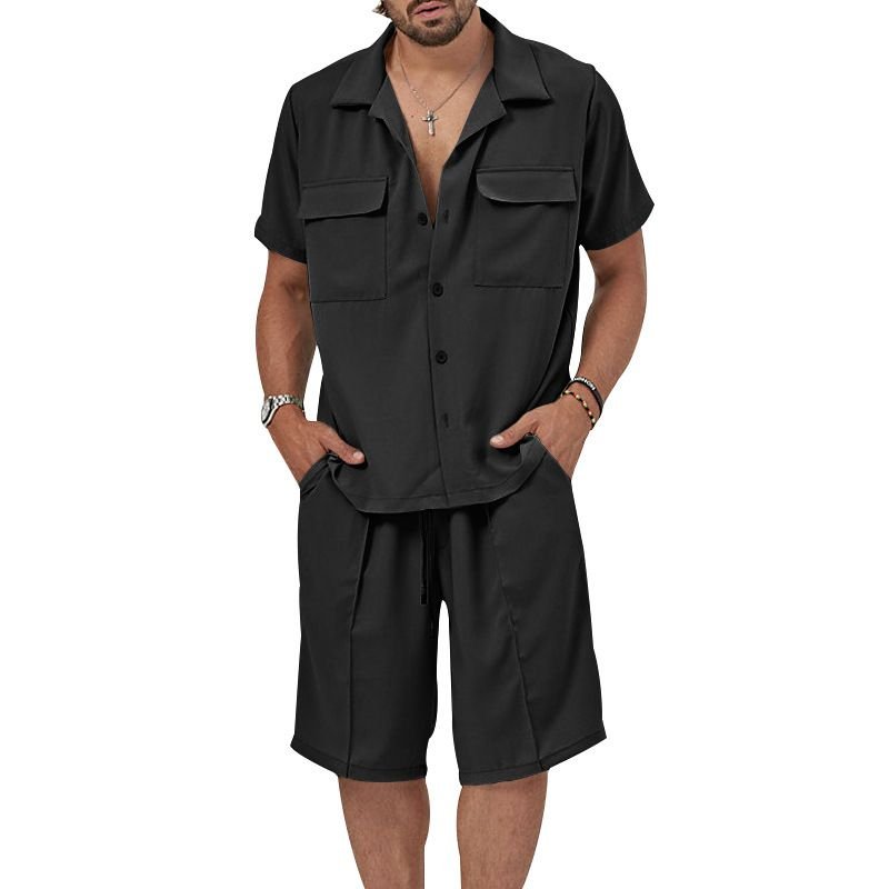 Summer Casual Men Lapel Short Sleeve Shirt Shorts Two-Piece Set