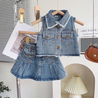 Kids Toddler Big Girls Fashion Casual Retro Denim Sleeveless Lapel Vest Skirt Set