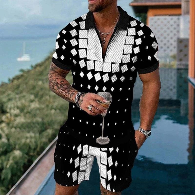 Men Casual Sports 3D Print Plus Size Short Sleeve Lapel Polo Shirt Shorts Set