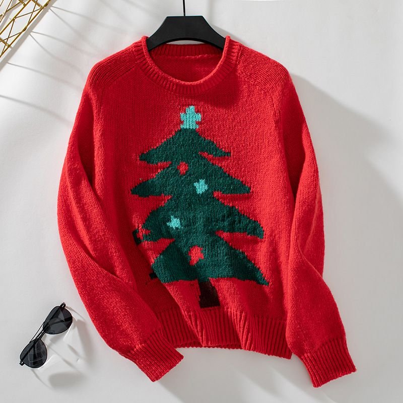 Women Cartoon Christmas Tree Crewneck Long Sleeve Knitted Sweater