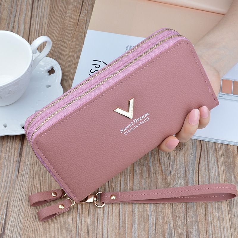 Women Fashion Simple Litchi Pattern Double Zipper Long Purses