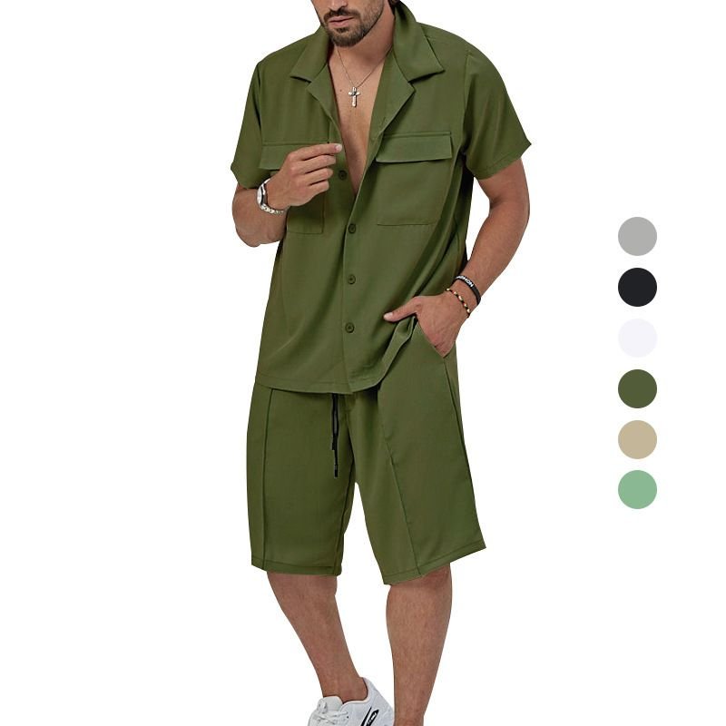 Summer Casual Men Lapel Short Sleeve Shirt Shorts Two-Piece Set