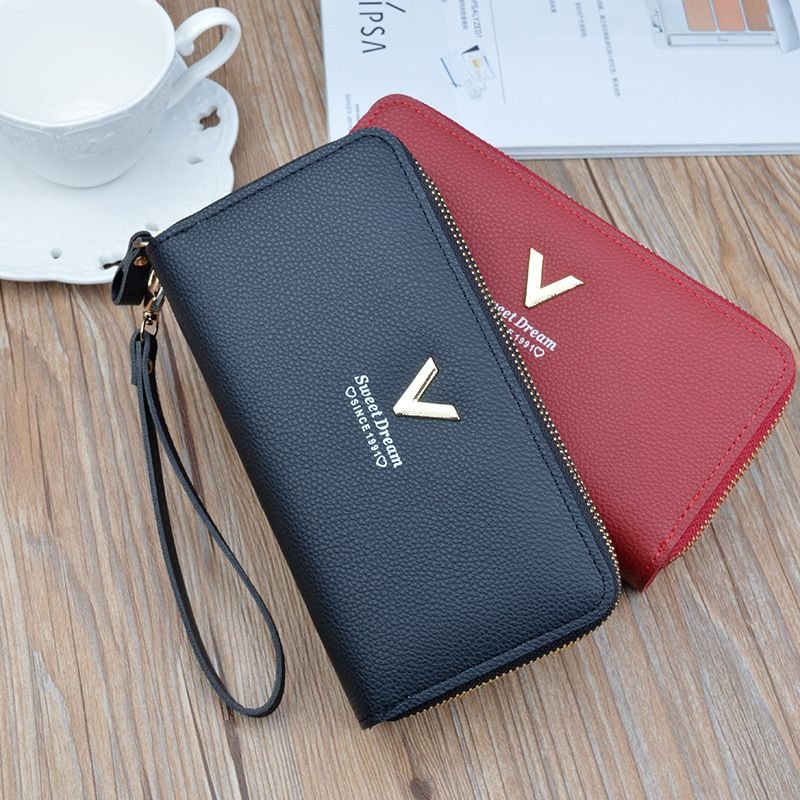 Women Fashion Simple Litchi Pattern Double Zipper Long Purses