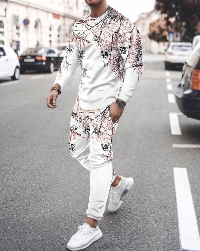 Men'S Fashion Print Loose Round Neck Long Sleeves Sweatshirt And Trousers Two-Piece Set