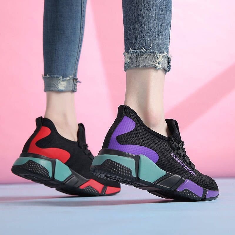 Women Fashion Casual Lace-Up Design Mesh Breathable Color Blocking Platform Running Sneakers