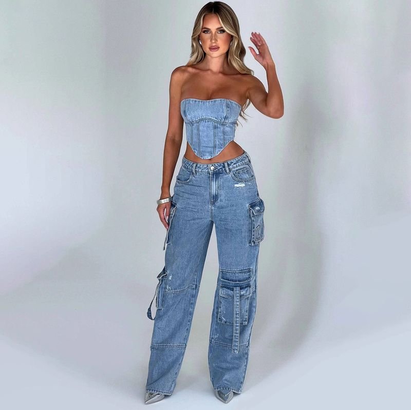 Women Fashion Sexy Low Waist Stereo Pocket Stitching Cargo Jeans