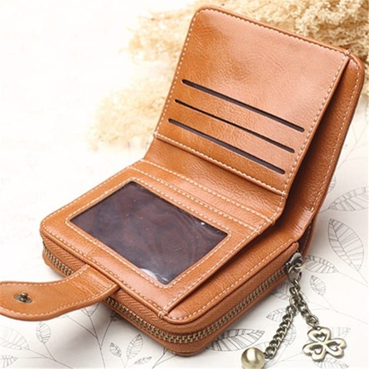 Women Retro Solid Color Zipper Tri-fold Wallet