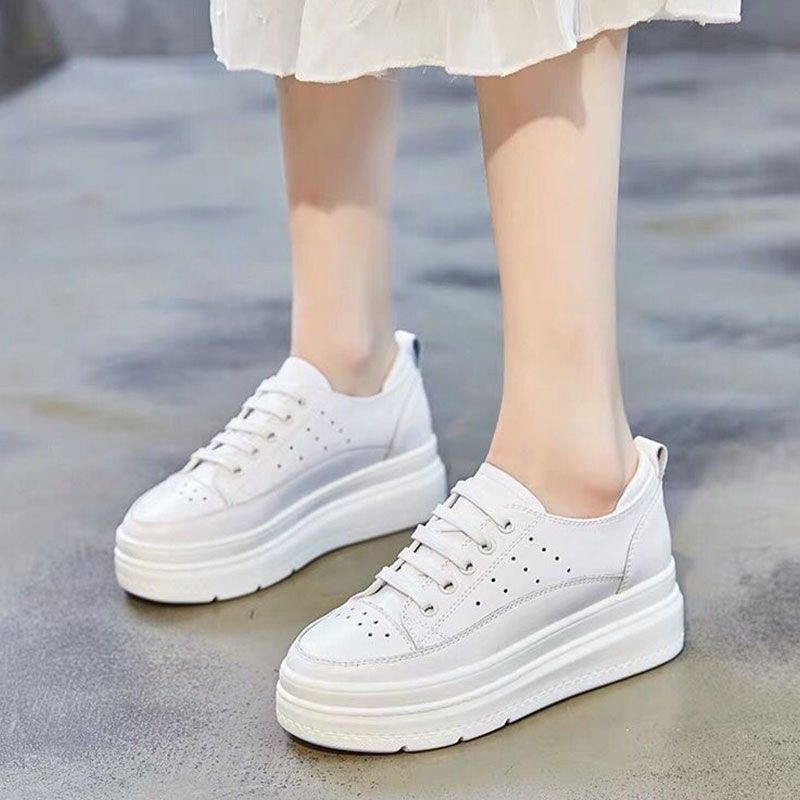 Size:4.5-9 Women Leisure Platform Pattern Solid Color Leather Sneakers Shoes