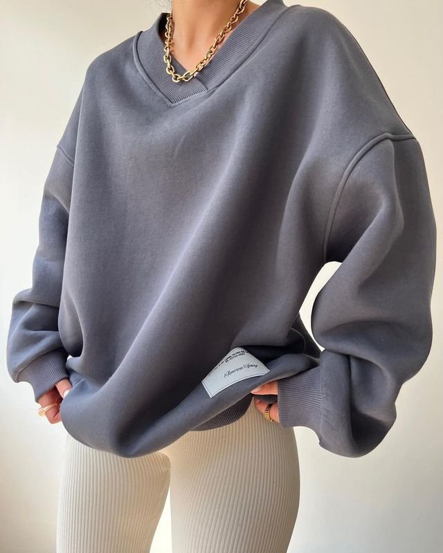 Autumn Winter Women Fashion Solid Color Loose V-Neck Long Sleeve Sweatshirt