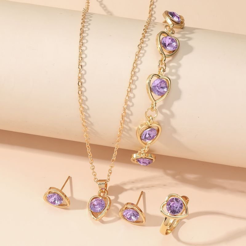 Women Simple Fashion Heart-Shaped Rhinestone Necklace Earrings Ring Bracelet Four-Piece Set