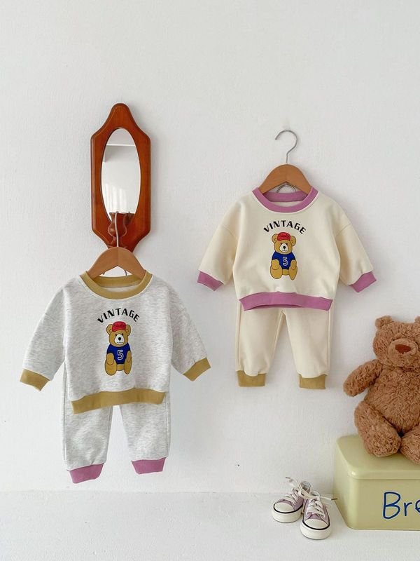 Kids Baby Boys Girls Casual Cute Cartoon Bear Alphabet Print Long Sleeve Sweatshirts Pants Sets