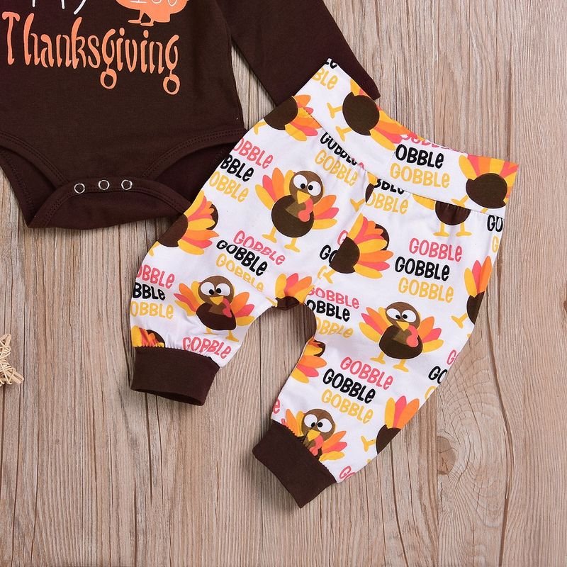 Kids Baby Boys Girls Casual Cute Thanksgiving Turkey Alphabet Print Long Sleeve Romper Trousers Sets