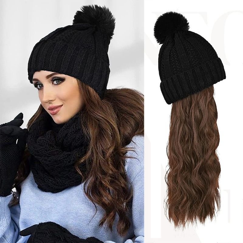 Women Fashion Long Curly Knitted Hat Wig