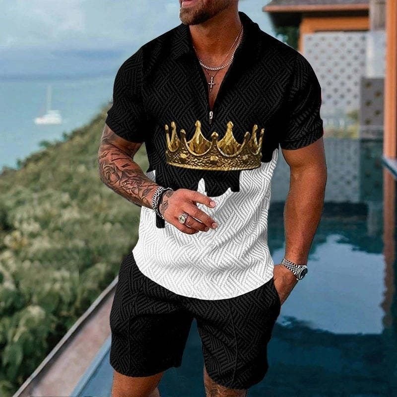 Men Casual Sports 3D Print Plus Size Short Sleeve Lapel Polo Shirt Shorts Set