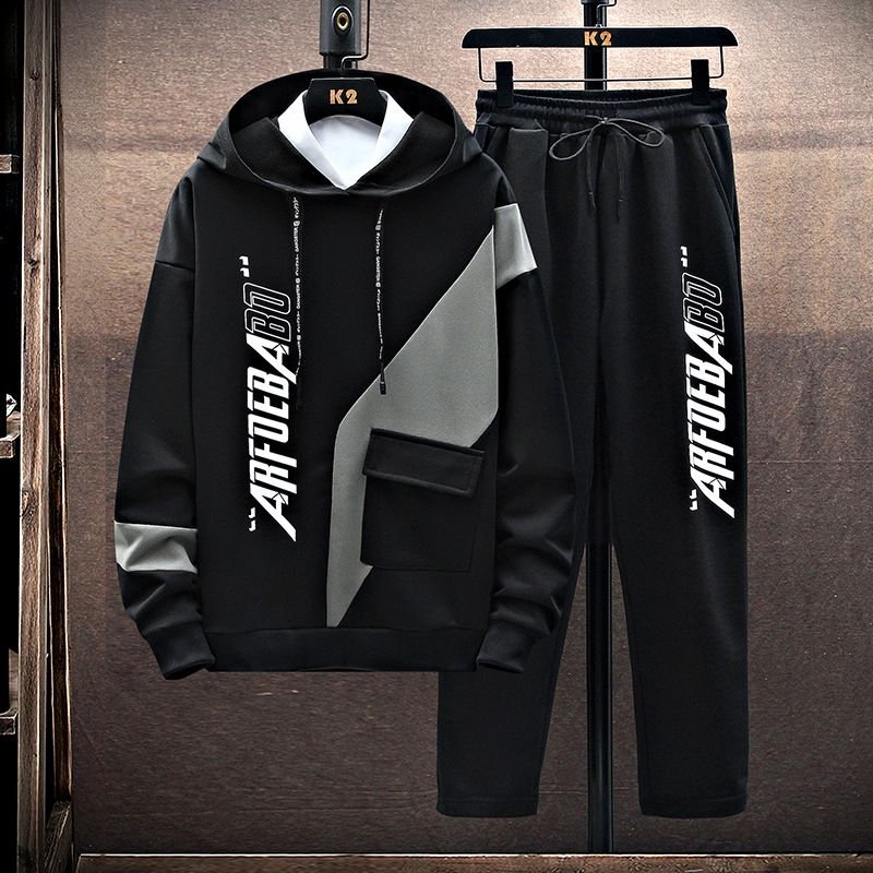 Men Fashion Casual Sports Letters Print Long Sleeve Hooded Coat Trousers Set