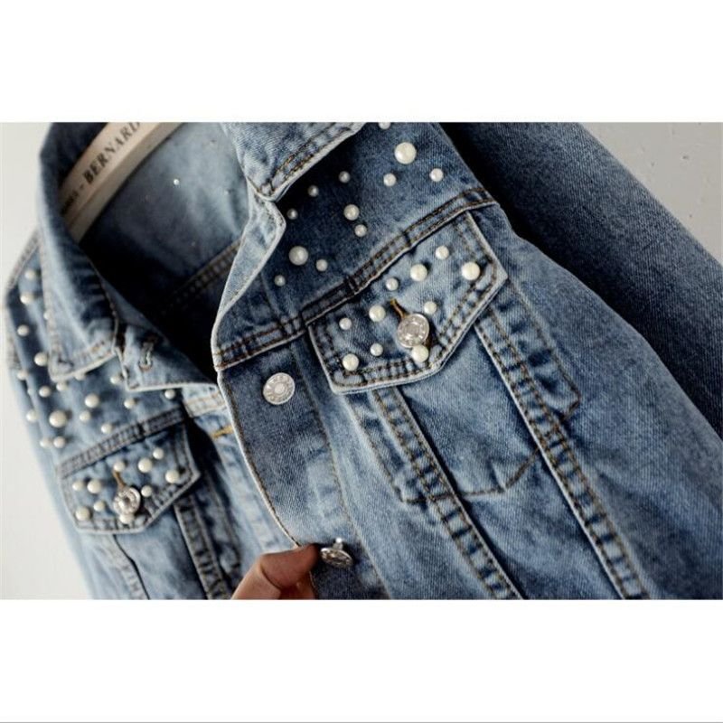 Women Casual Imitation Pearl Loose Single-breasted Spring And Autumn Denim Jacket