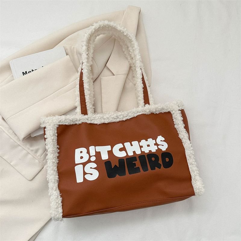 Fashionable Plush Letter Print Large Capacity Tote Bag