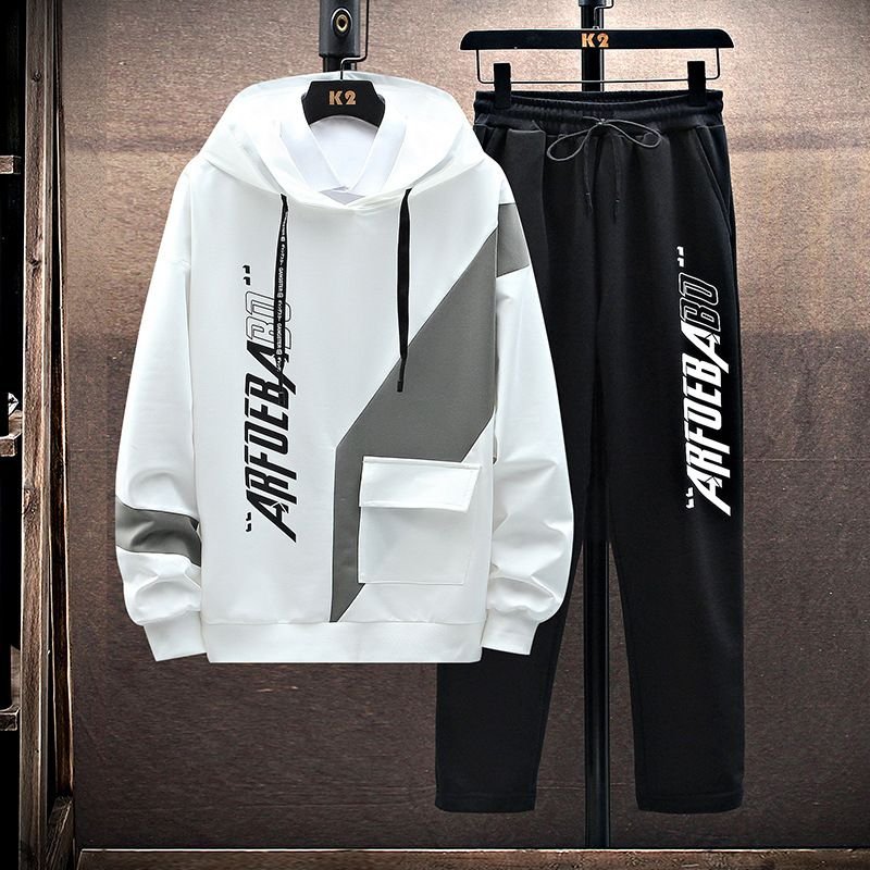 Men Fashion Casual Sports Letters Print Long Sleeve Hooded Coat Trousers Set