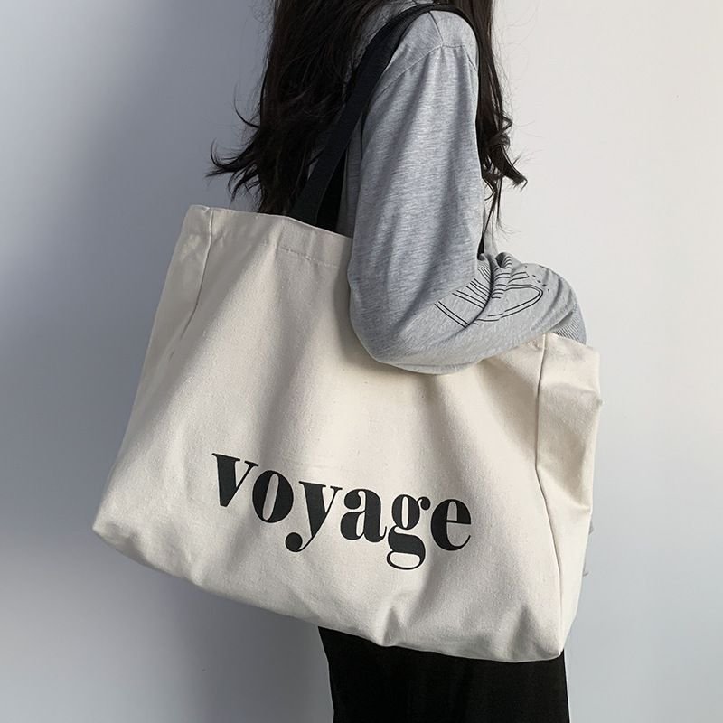 Women Fashionable Simple Letter Print Large Capacity Canvas Tote Bag