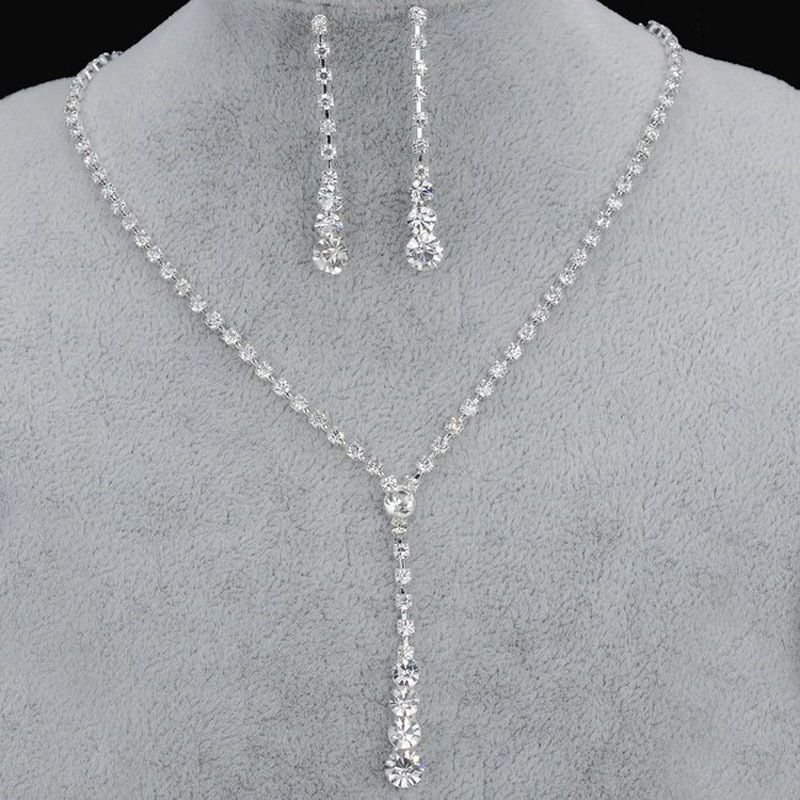 Simple Bridal Rhinestone Necklace Earrings Two-Piece Set