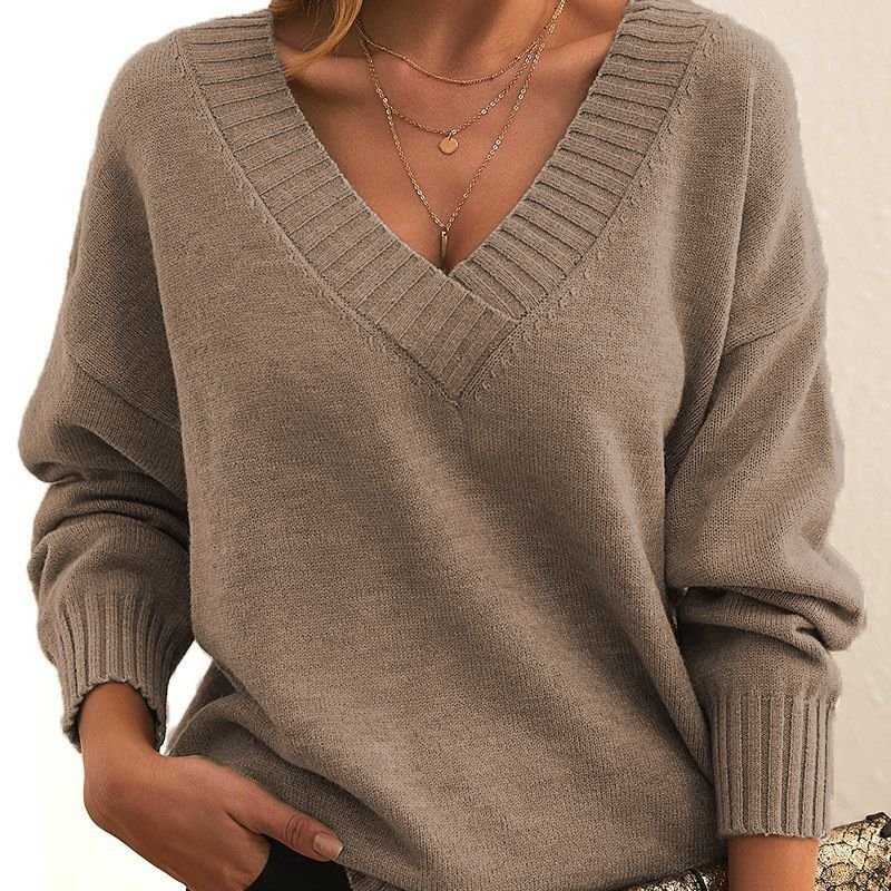 Women Fashion Casual Loose V-Neck Long Sleeve Knitted Sweater