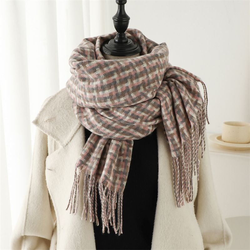 Autumn Winter Women Fashion British Style Geometric Tassel Warm Thickened Scarf