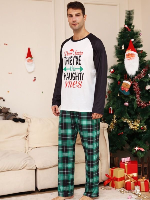 Cartoon Fashion Plaid Letter Printing Round Neck Long Sleeve Parent-Child Home Christmas Pajamas Set