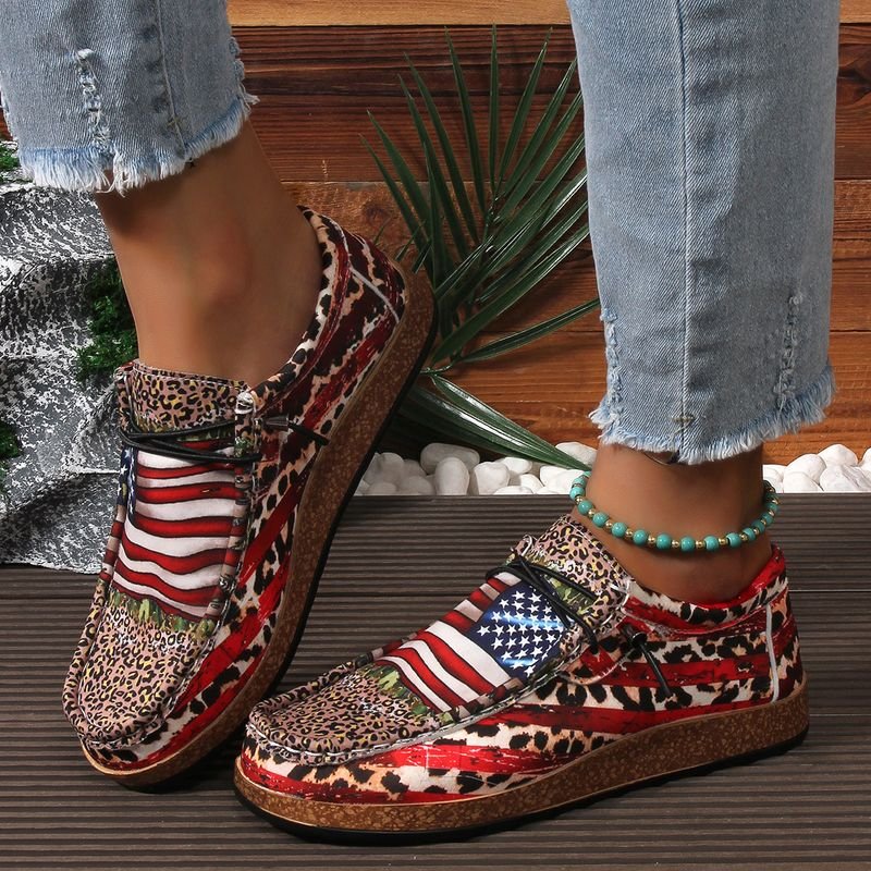 Summer Women Casual Plus Size Leopard Flag Print Slip-On Shoes