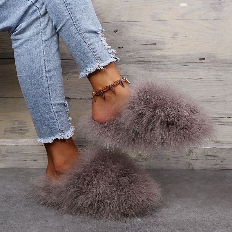 Autumn Winter Women Fashionable Solid Color Plush Flat Large Size Home Slippers