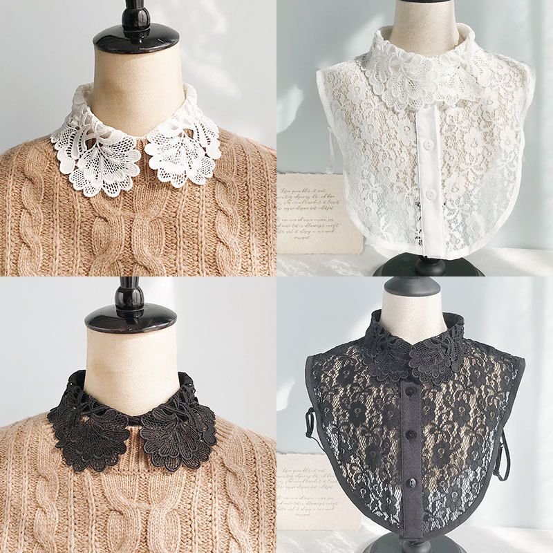 Women Chic Single-breasted Design Solid Color Flower Lace Pattern False Collar