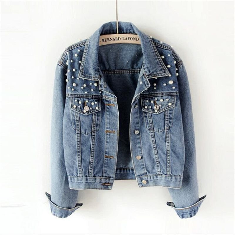 Women Casual Imitation Pearl Loose Single-breasted Spring And Autumn Denim Jacket