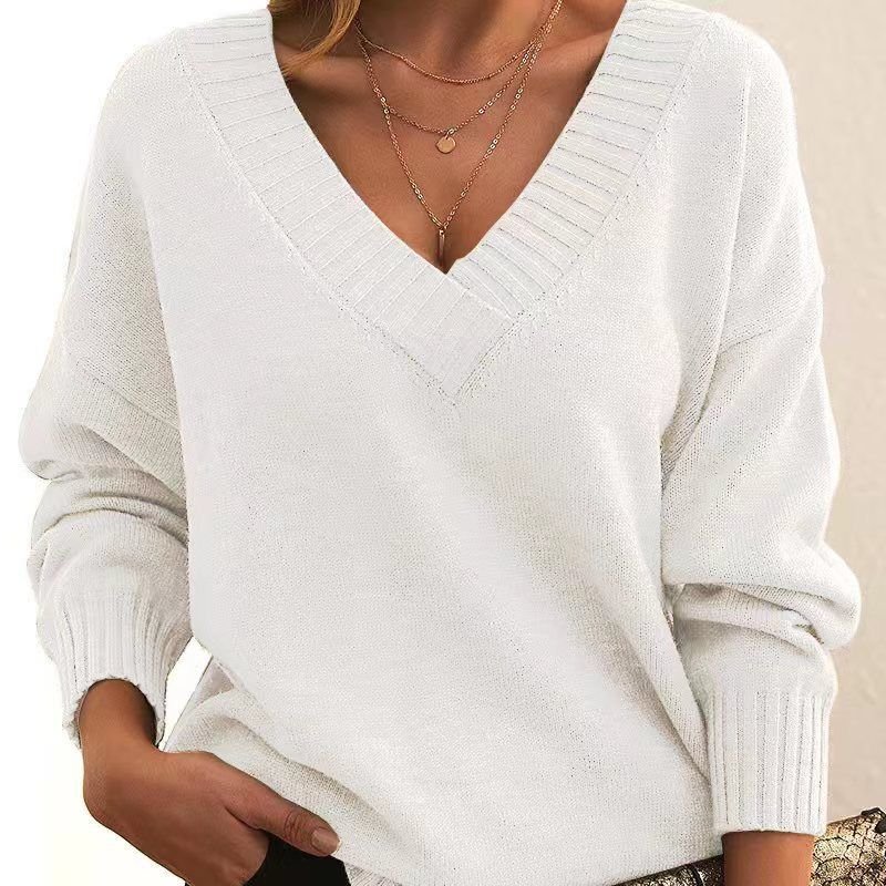 Women Fashion Casual Loose V-Neck Long Sleeve Knitted Sweater