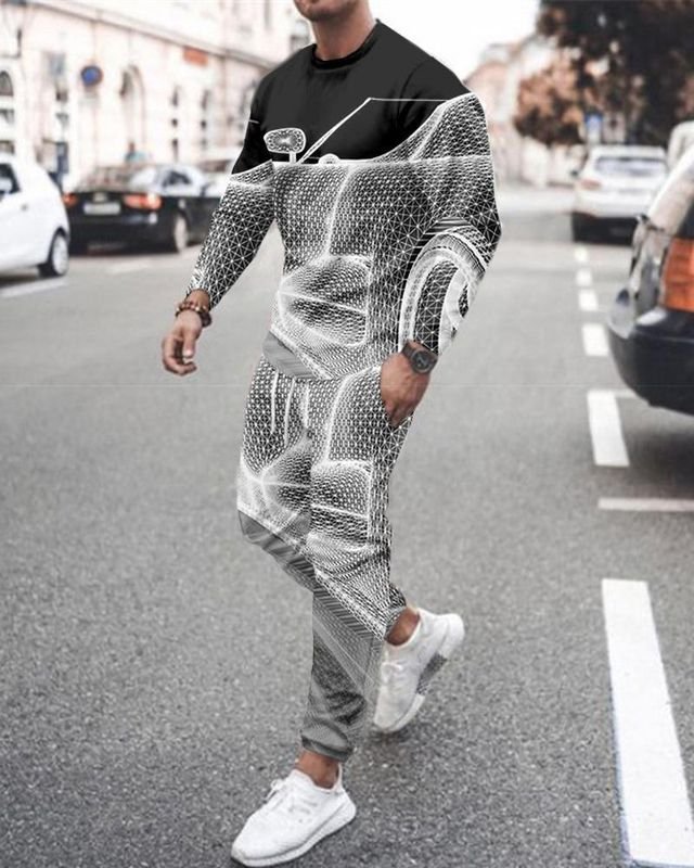 Men'S Fashion Print Loose Round Neck Long Sleeves Sweatshirt And Trousers Two-Piece Set