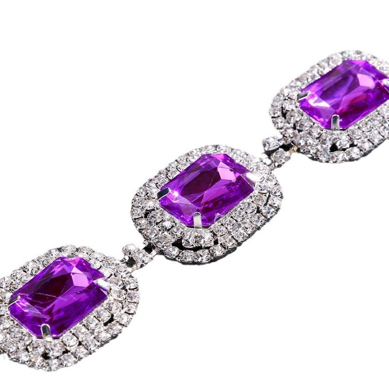 Purple Rhinestone Gemstone Women Exaggerated Necklace Earrings Wedding Party Set