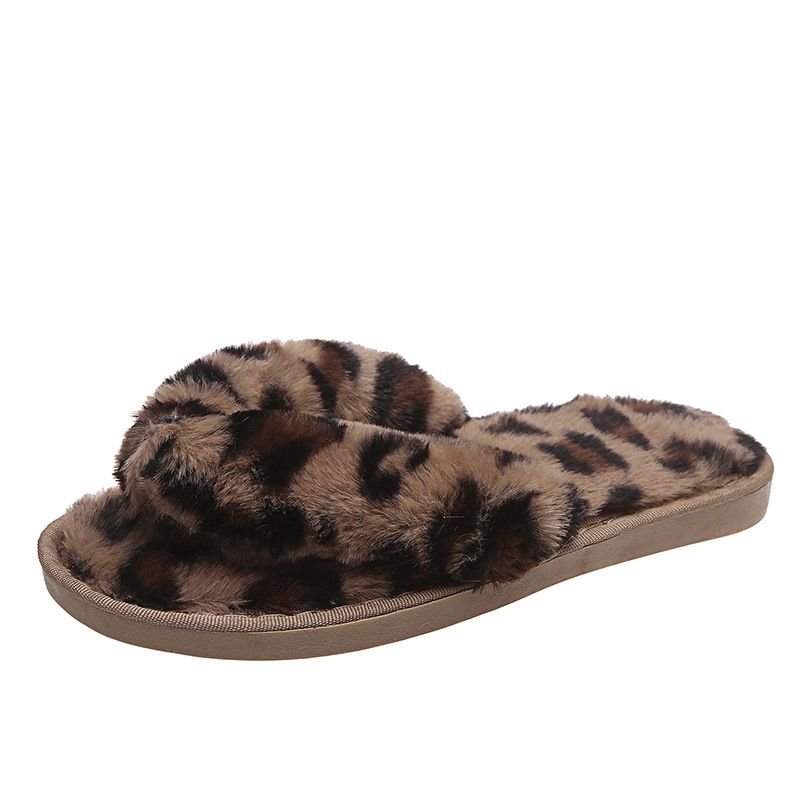 Women Fashion Casual Plus Size Leopard Plush Flat Flip-Flop