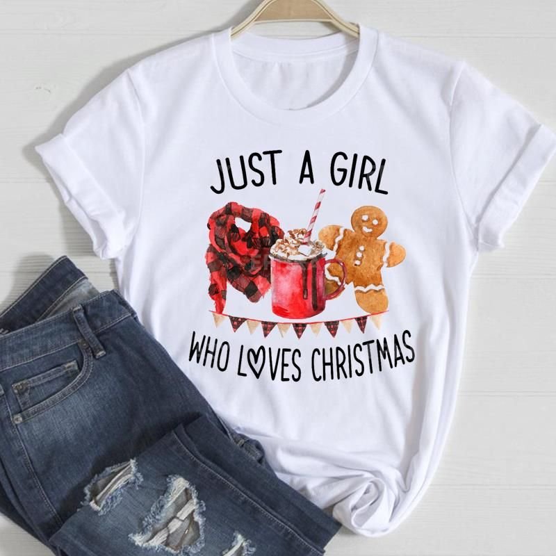 Women Fashion Cartoon Christmas Tree Letter Elk Print Round Neck Short Sleeve T-Shirt