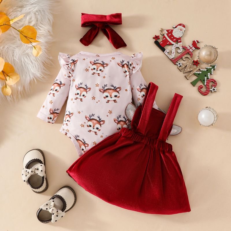 Kids Baby Girls Cute Party Christmas Cartoon Fawn Long Sleeve Romper Strap Dress Sets