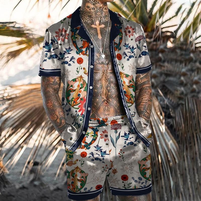 Men Casual Holiday Hawaii Tiny Flower Print Plus Size Short Sleeve Lapel Shirt Shorts Set