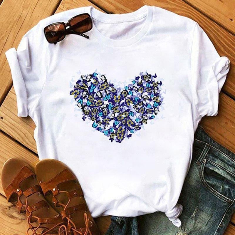 Women Plus Size Simple Basic Loose Short Sleeve Heart T-Shirt